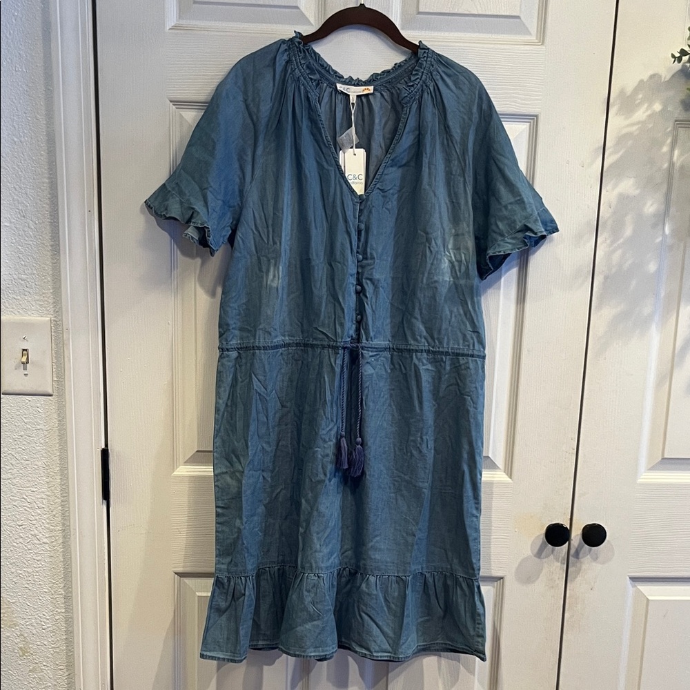 C&C California Blue Midi Dress with Ruffle Hem